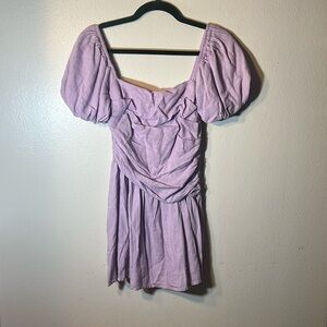 Hello Molly Purple Linen Lilac Puff Sleeve Smock Back  Mini Dress Small
